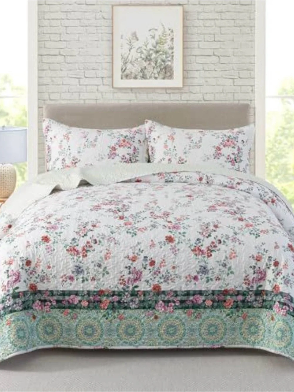 Floral Cotton Quilt Set in White with Pink & Green Accents